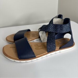Sorel‎ Ella II Women's Elastic Cross Strap Leather Flat Sandal Blue Size 9